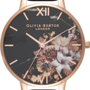 Olivia Burton Marble Floral Rose Gold Black Leather Strap OB16CS01