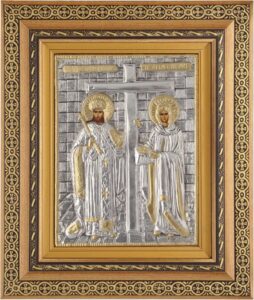 Εικόνα "Άγιος Κωνσταντίνος & Ελένη" με επικάλυψη από φύλλο ασήμι 925 και τοπικό επιχρύσωμα ΚΩΔ. ΚΩΔ. 801 32x38