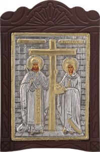 Ξυλόγλυπτο "Άγιος Κωνσταντίνος & Ελένη" με επικάλυψη από φύλλο ασήμι 925 με τοπικό επιχρύσωμα ΚΩΔ. 204 19x29