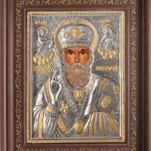 Εικόνα "Άγιος Νικόλαος" με επικάλυψη από φύλλο ασήμι 925 και τοπικό επιχρύσωμα ΚΩΔ. 1001 26x32