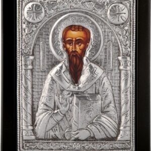 Εικόνα "Άγιος Βασίλειος" σε μαύρο ξύλο με επικάλυψη από φύλλο ασήμι 925 ΚΩΔ. 105 23Χ28εκ.