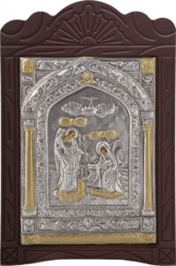 Ξυλόγλυπτο "Ευαγγελισμός Τήνου" με επικάλυψη από φύλλο ασήμι 925 και τοπικό επιχρύσωμα ΚΩΔ. 204 19x29