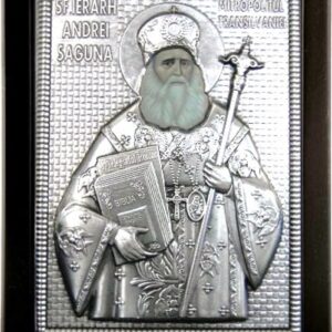 Εικόνα "Sfantul Apostol Andrei Saguna Mitropolitul Transilvaniei " σε μαύρο ξύλο με επικάλυψη από φύλλο ασήμι 925 ΚΩΔ. 104 19Χ24εκ.