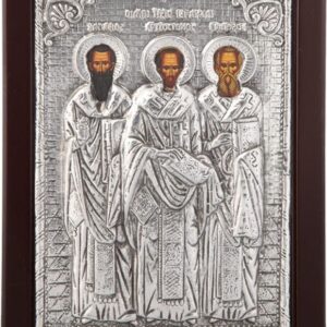 Εικόνα "Οι Τρεις Ιεράρχες" σε μαύρο ξύλο με επικάλυψη από φύλλο ασήμι 925 ΚΩΔ. 105 23Χ28εκ.