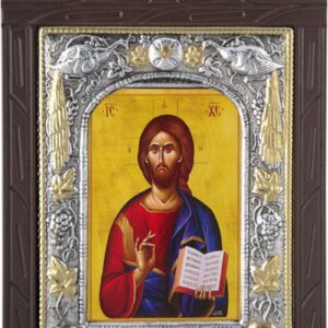 Ξυλόγλυπτο "Χριστός Ευλογών" με επικάλυψη από φύλλο ασήμι 925 και τοπικό επιχρύσωμα ΚΩΔ. 204 19x29