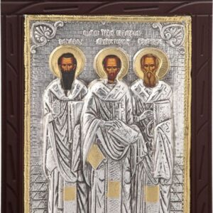 Ξυλόγλυπτο "Τρεις Ιεράρχες" με επικάλυψη από φύλλο ασήμι 925 και τοπικό επιχρύσωμα ΚΩΔ. 204 19x29